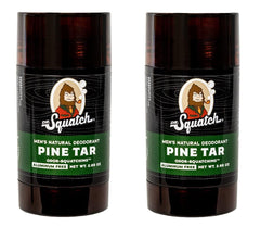 Dr. Squatch Pine Tar deodorant bottle closeup with aluminum-free protection for daily wear.