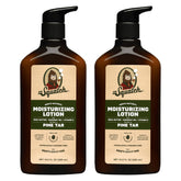 Dr. Squatch Pine Tar lotion bottles in a two-pack on display for lasting moisture.