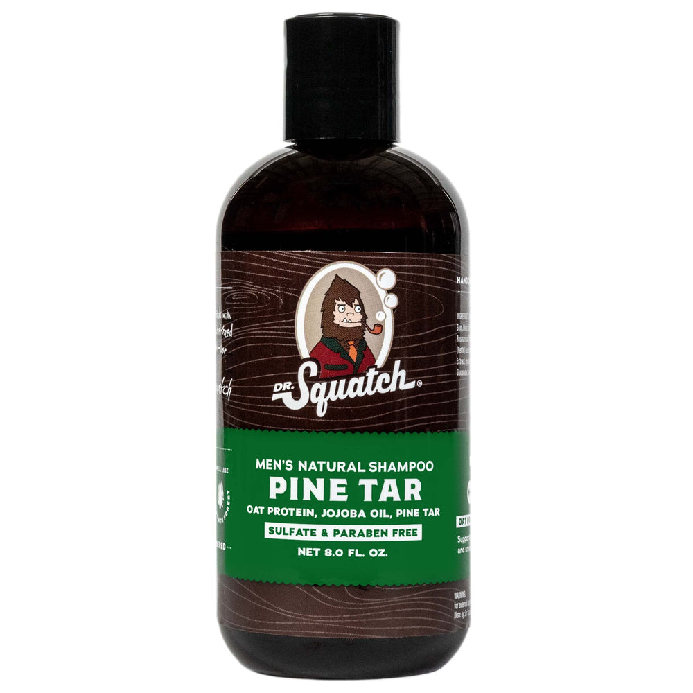 Dr. Squatch Pine Tar shampoo bottle with rugged pine scent for an energizing cleanse.
