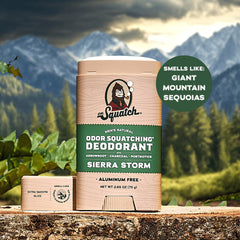 Dr. Squatch Sierra Storm arrowroot and charcoal ingredients label conveying natural odor defense.