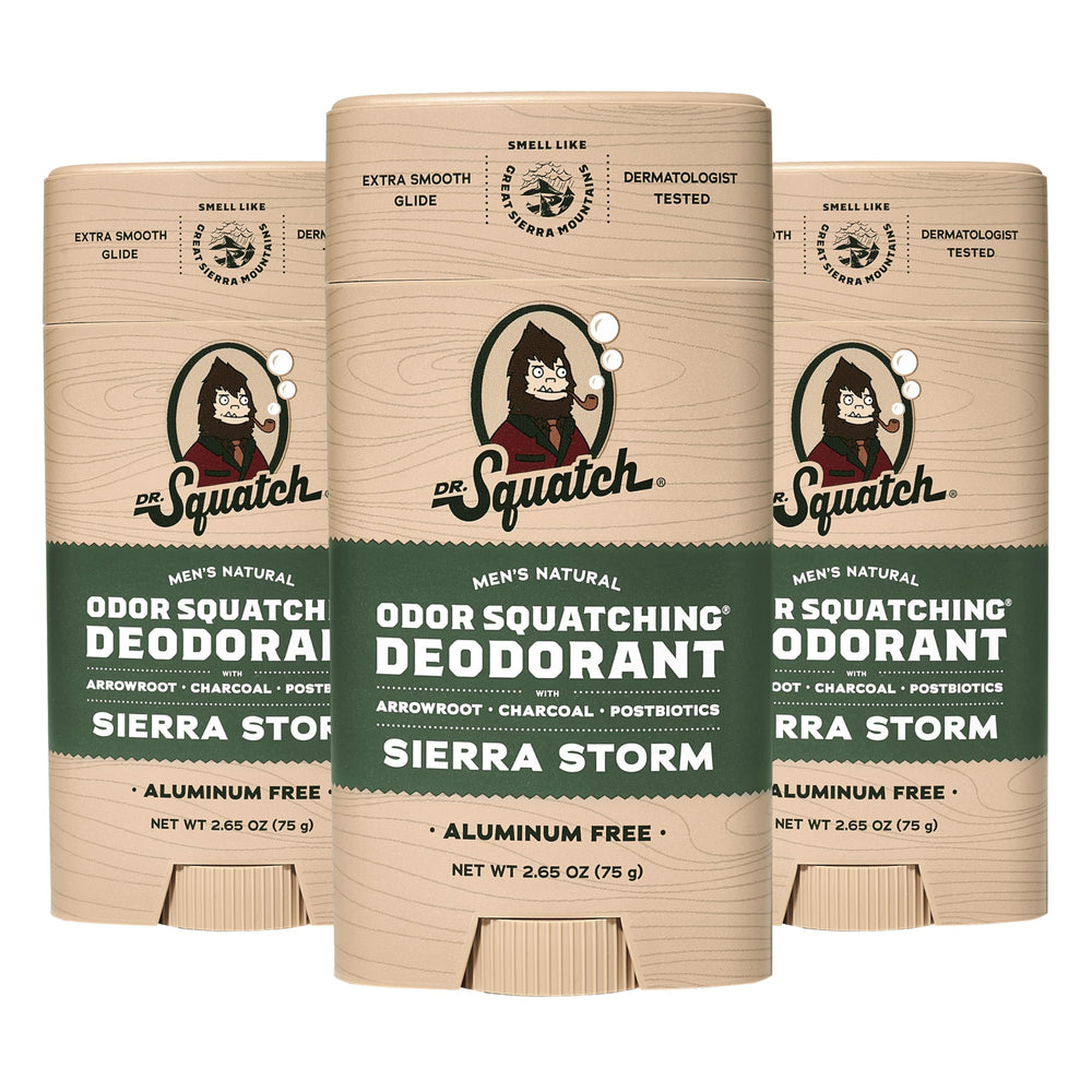 Dr. Squatch Sierra Storm deodorant stick open with pine and eucalyptus aroma for all-day freshness.