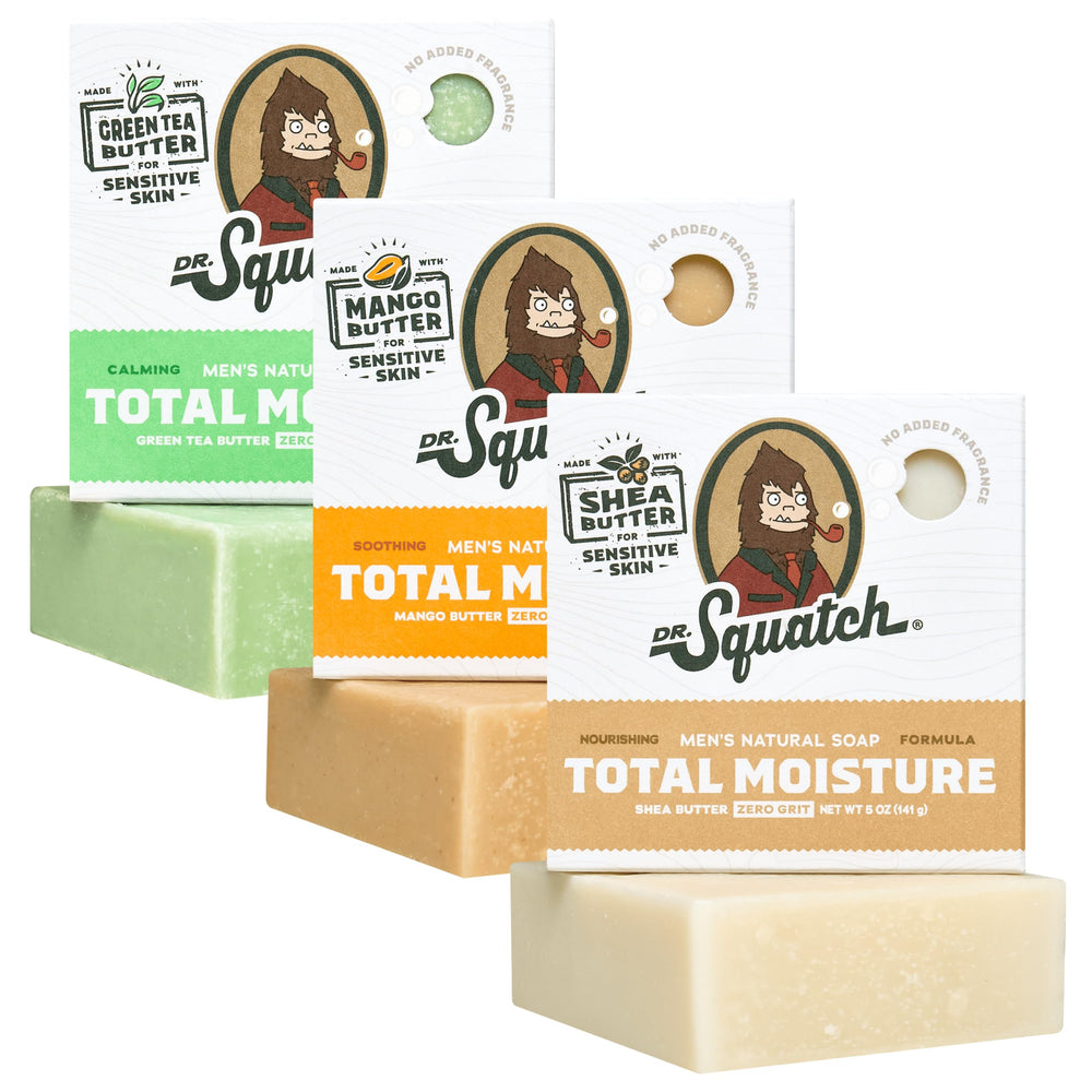 Dr. Squatch Total Moisture Bar Soap 3-pack pack shot; fragrance-free for sensitive skin