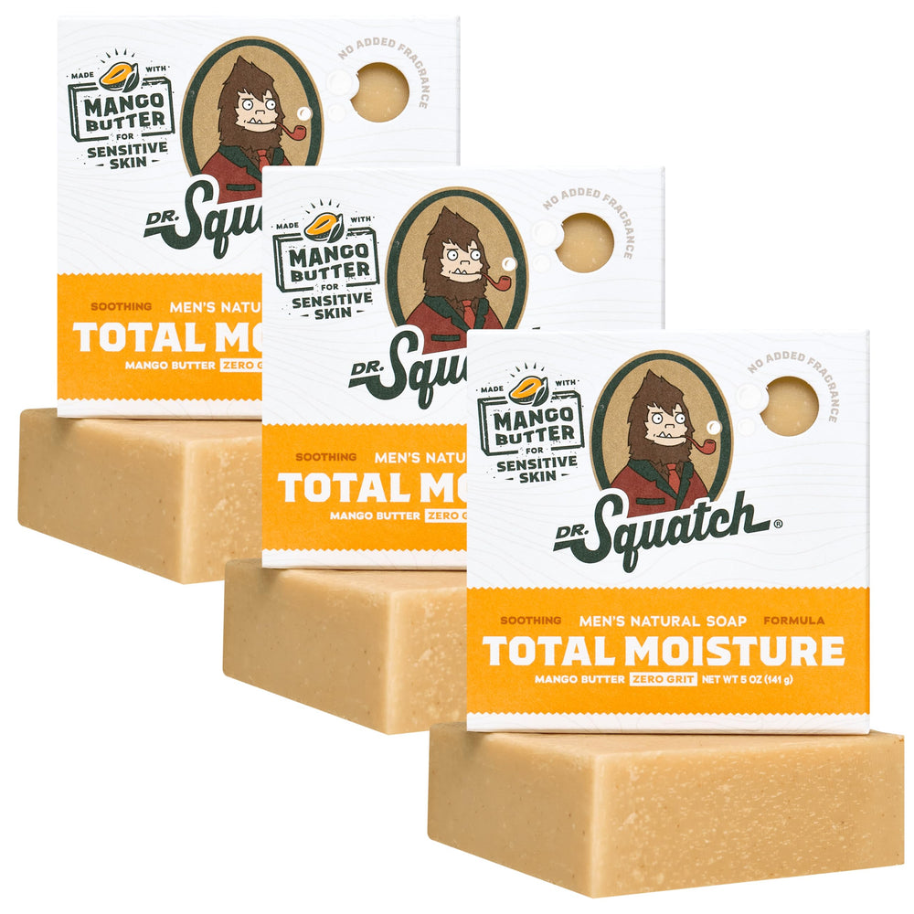 Dr. Squatch Total Moisture Bar Soap mango butter packaging highlights fragrance-free hydration for sensitive skin.
