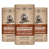 Dr. Squatch Wood Barrel Bourbon deodorant 3-pack packaging for all-day odor protection.