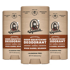 Dr. Squatch Wood Barrel Bourbon deodorant 3-pack packaging for all-day odor protection.