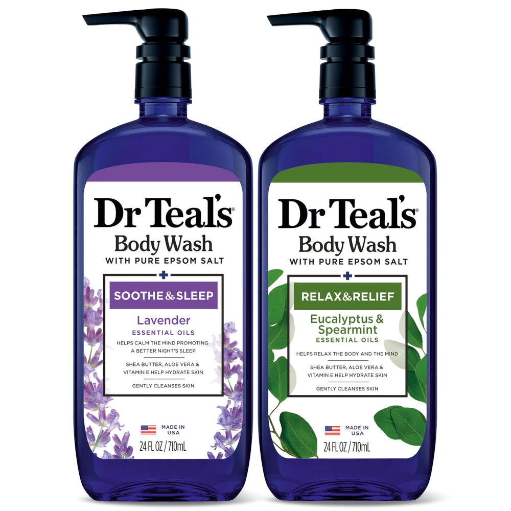 Dr Teal's Lavender Eucalyptus body wash bottle being poured for a relaxing cleanse.