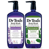 Dr Teal's Lavender Eucalyptus body wash bottle being poured for a relaxing cleanse.