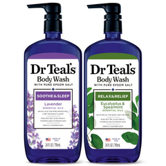 Dr Teal's Lavender Eucalyptus body wash bottle being poured for a relaxing cleanse.