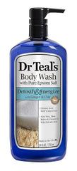 Dr Teal's body wash bottle highlights pure Epsom salt for soothing tired muscles.