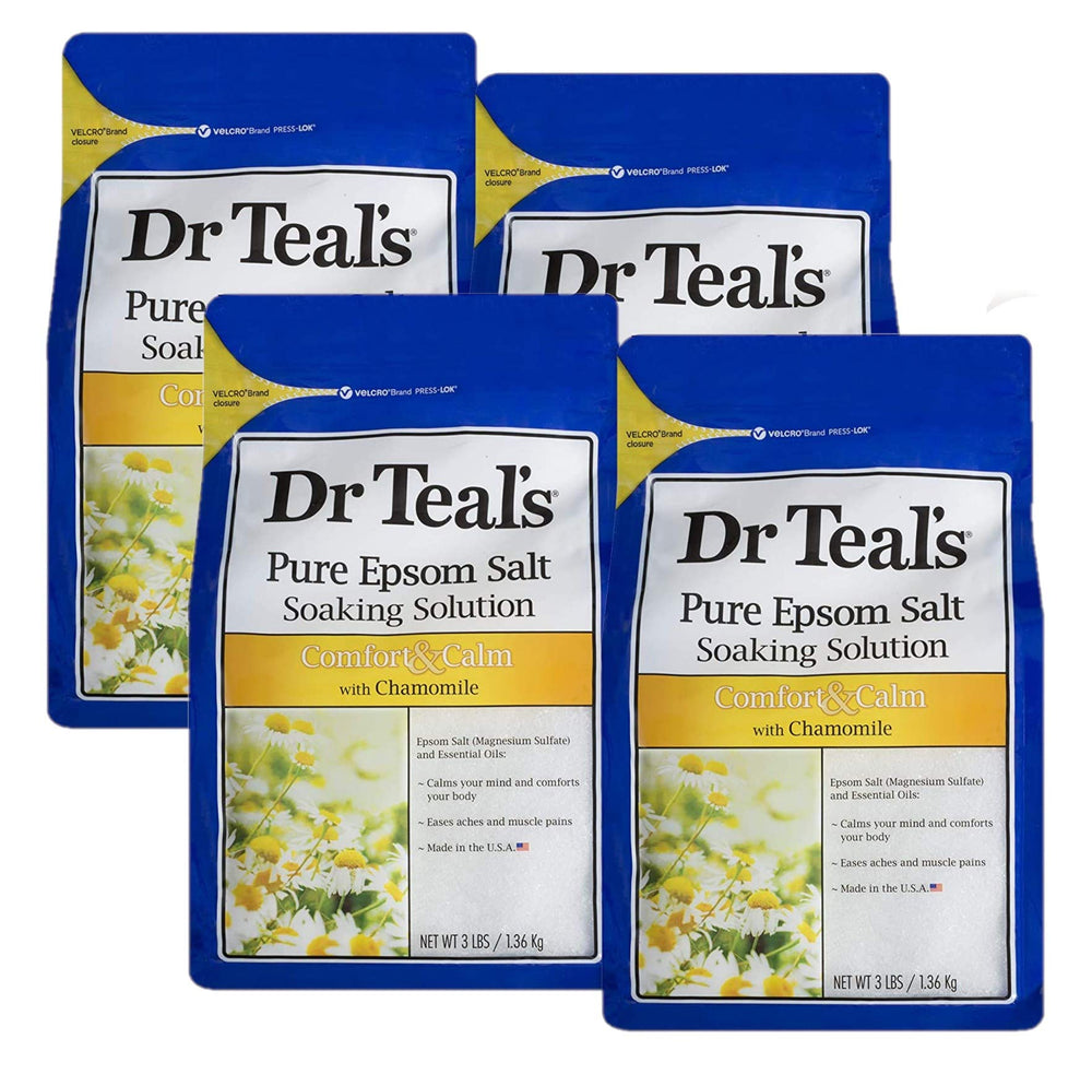 Dr Teal's Comfort & Calm 4-pack bags for at-home soaking and muscle relief.