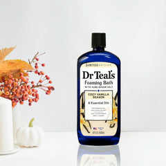 Dr Teal's Cozy Vanilla Season foaming bath bottle bubbles for unwinding.