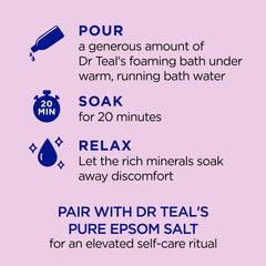 Dr Teal's Elderberry bath pour showing creamy foam for soothing soak.