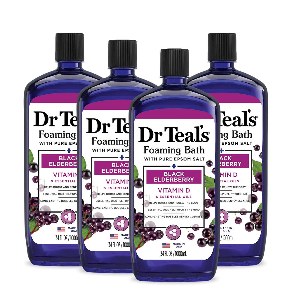 Dr Teal's Elderberry foaming bath bottle displaying calming mood-boosting formula.