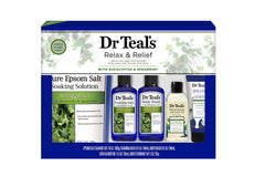 Dr Teal's Eucalyptus & Spearmint gift set image showing a soothing bath routine and skin hydration.
