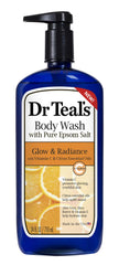 Dr Teal's Glow & Radiance body wash bottle with vitamin C and citrus oils for radiant skin.