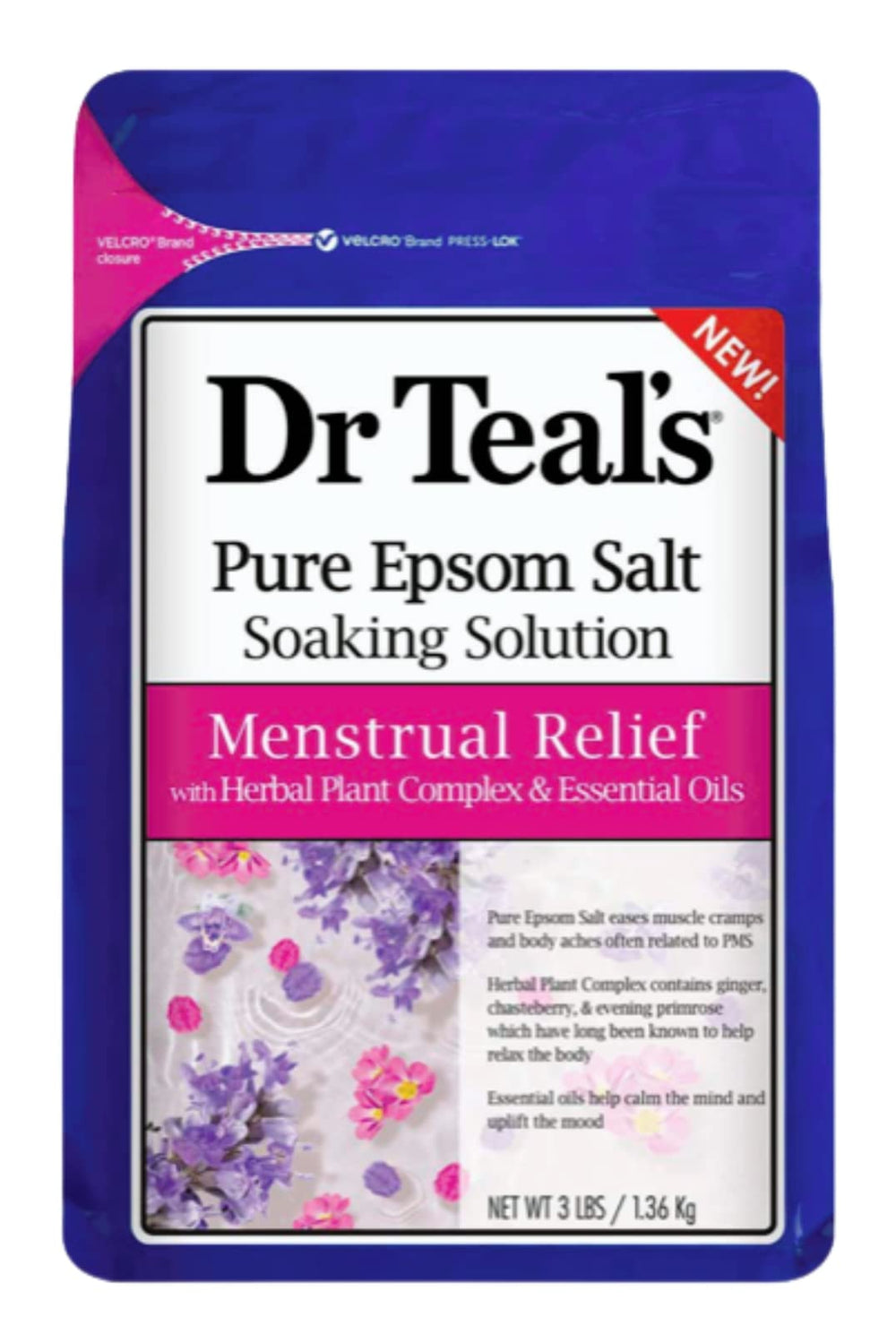 Dr Teal's Menstrual Relief Epsom Salt bath image illustrating relaxation for PMS-related discomfort.