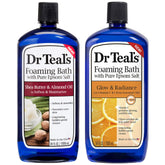 Dr Teal's Shea Butter and Almond Oil foaming bath bottle shows rich moisture for dry skin.