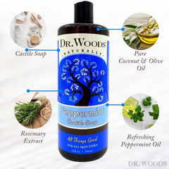 Dr. Woods Peppermint hand-wash with foamy bubbles for daily hygiene.