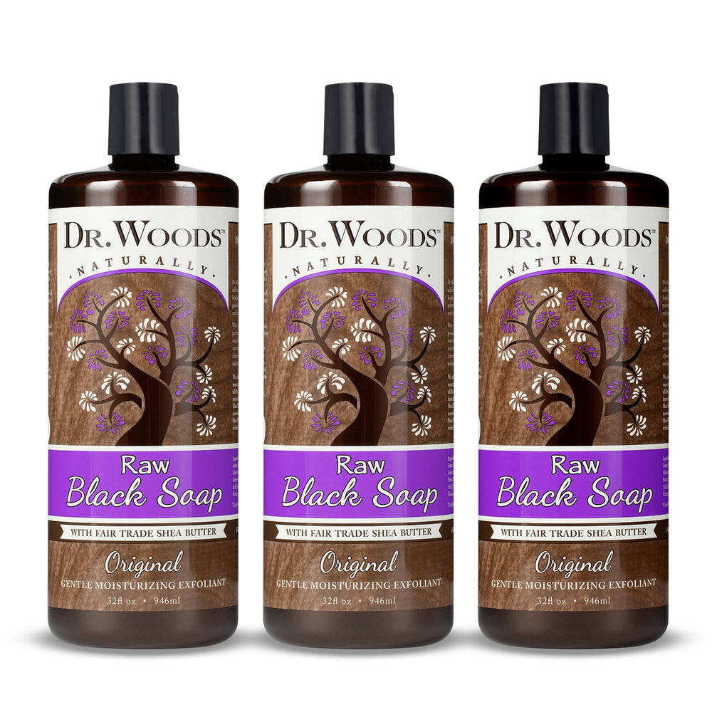 Dr. Woods Raw African Black Soap bottle for daily cleansing with rich lather.