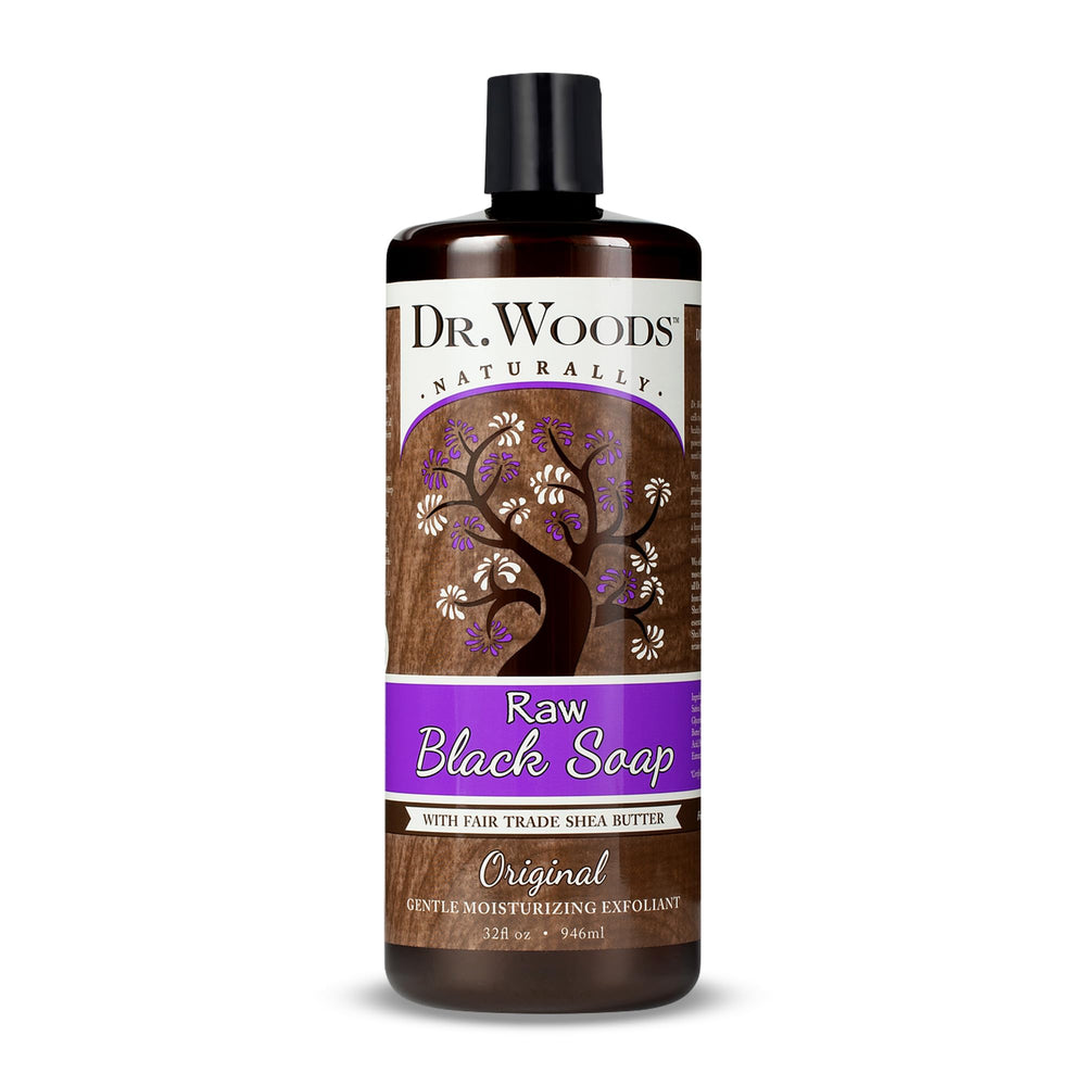 Dr. Woods raw liquid black soap bottle pour for deep cleansing and hydrating skin