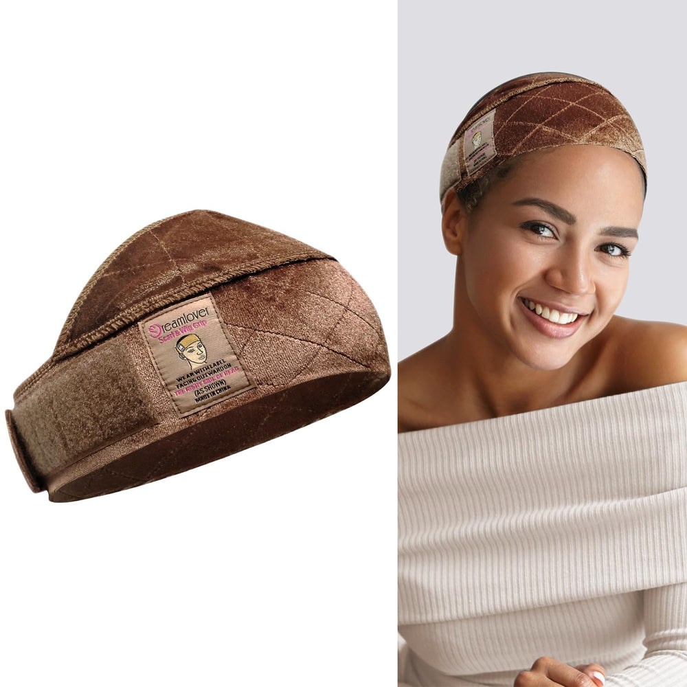 Dreamlover wig grip band wide brown hook-loop close-up shows adjustable secure fit.