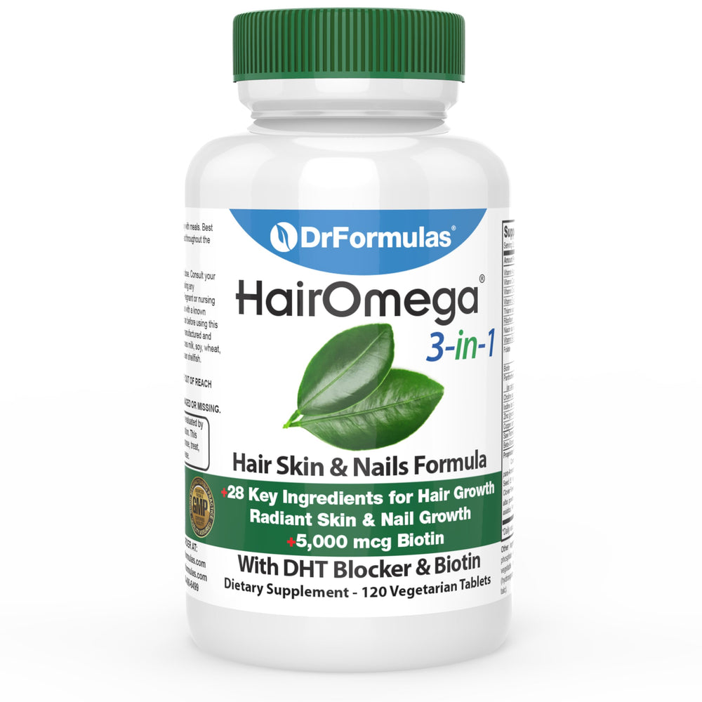 DrFormulas HairOmega bottle closed—vegan tablets designed to support hair growth and nail health.