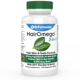 DrFormulas HairOmega bottle closed—vegan tablets designed to support hair growth and nail health.