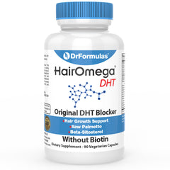 DrFormulas HairOmega Original DHT Blocker bottle for daily hair health support.