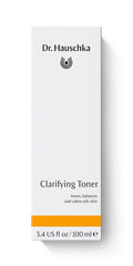 Dr. Hauschka Clarifying Toner close-up label emphasizing botanical ingredients for blemish-prone skin.