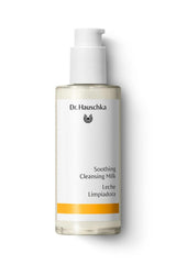 Dr. Hauschka soothing cleansing milk bottle on sink for gentle daily cleansing.