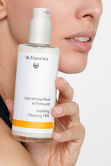 Dr. Hauschka soothing cleansing milk texture closeup shows creamy formula for sensitive skin.