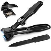 DRMODE nail clippers with catcher showing wide opening for thick nails and clean cuts