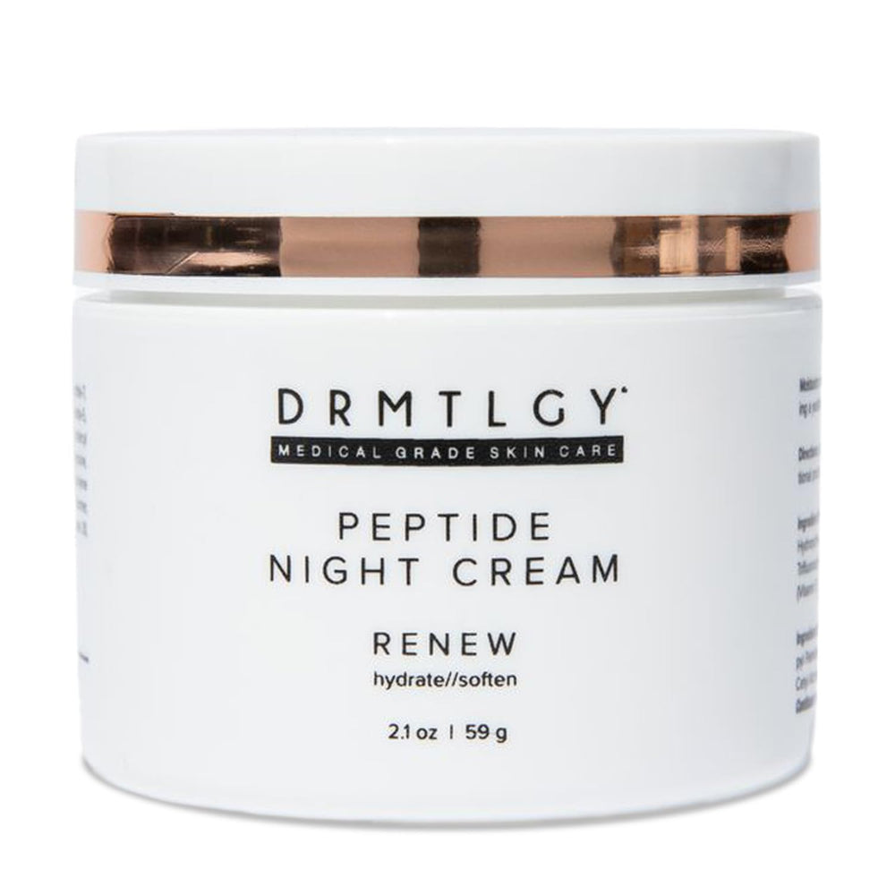 DRMTLGY peptide night cream bottle closeup shows fragrance-free hydration for all skin types.