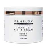 DRMTLGY peptide night cream bottle closeup shows fragrance-free hydration for all skin types.