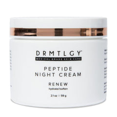 DRMTLGY peptide night cream bottle closeup shows fragrance-free hydration for all skin types.
