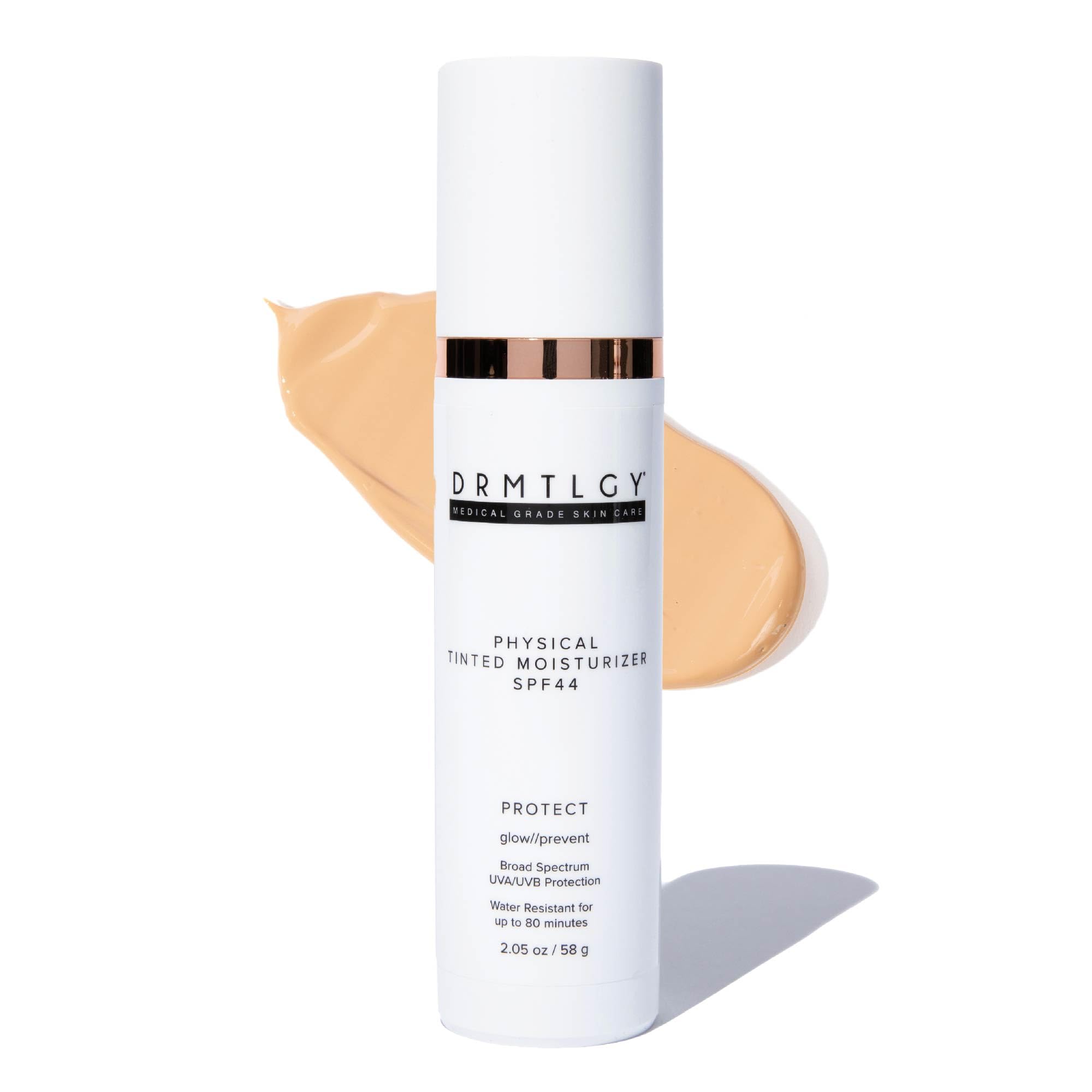 DRMTLGY Physical Tinted Moisturizer bottle close-up with universal tint for even finish.