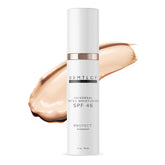 DRMTLGY tinted moisturizer bottle closeup highlights lightweight sun protection and natural glow.