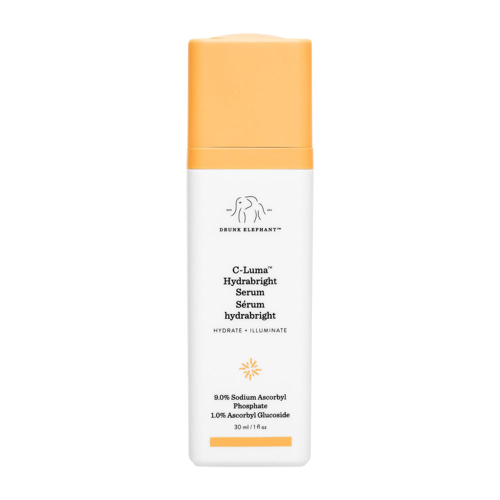 Drunk Elephant C-Luma Hydrabright serum bottle shows brightening and hydrating skin benefits.