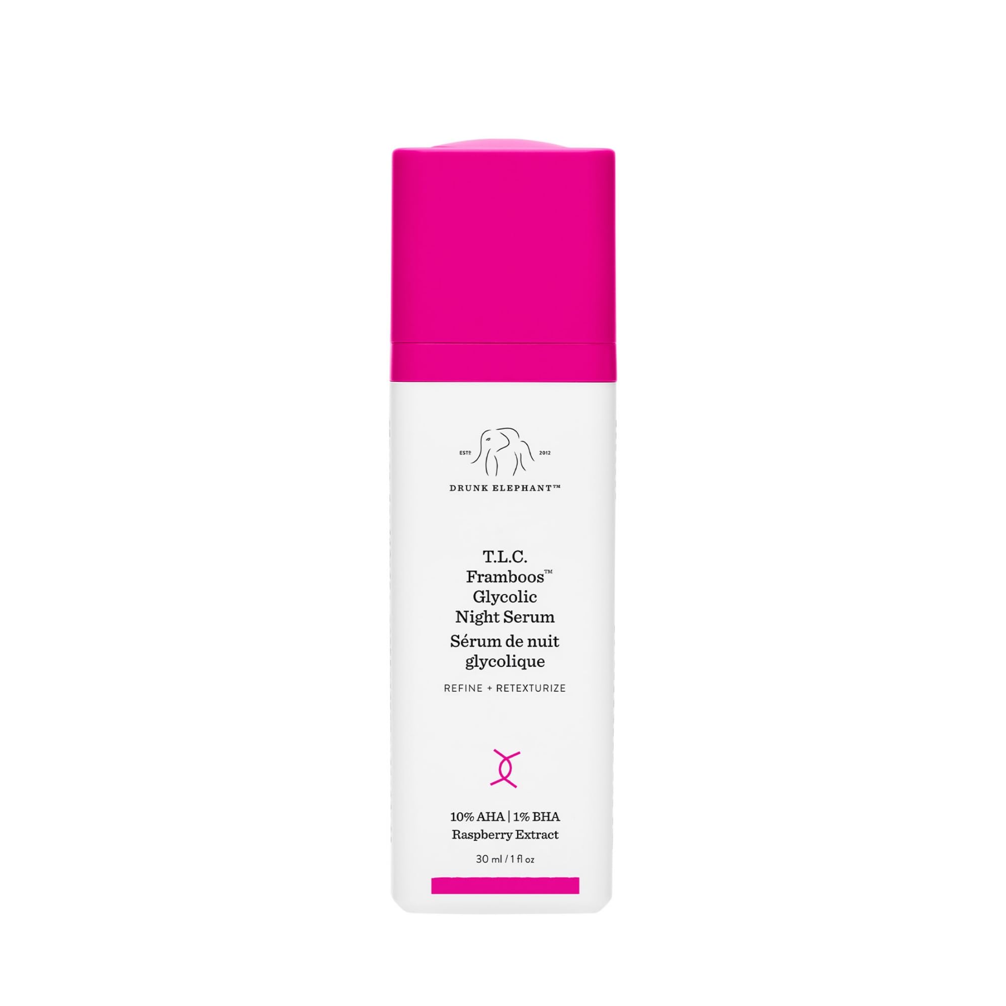 Drunk Elephant TLC Framboos serum bottle closeup highlighting gel exfoliation formula.