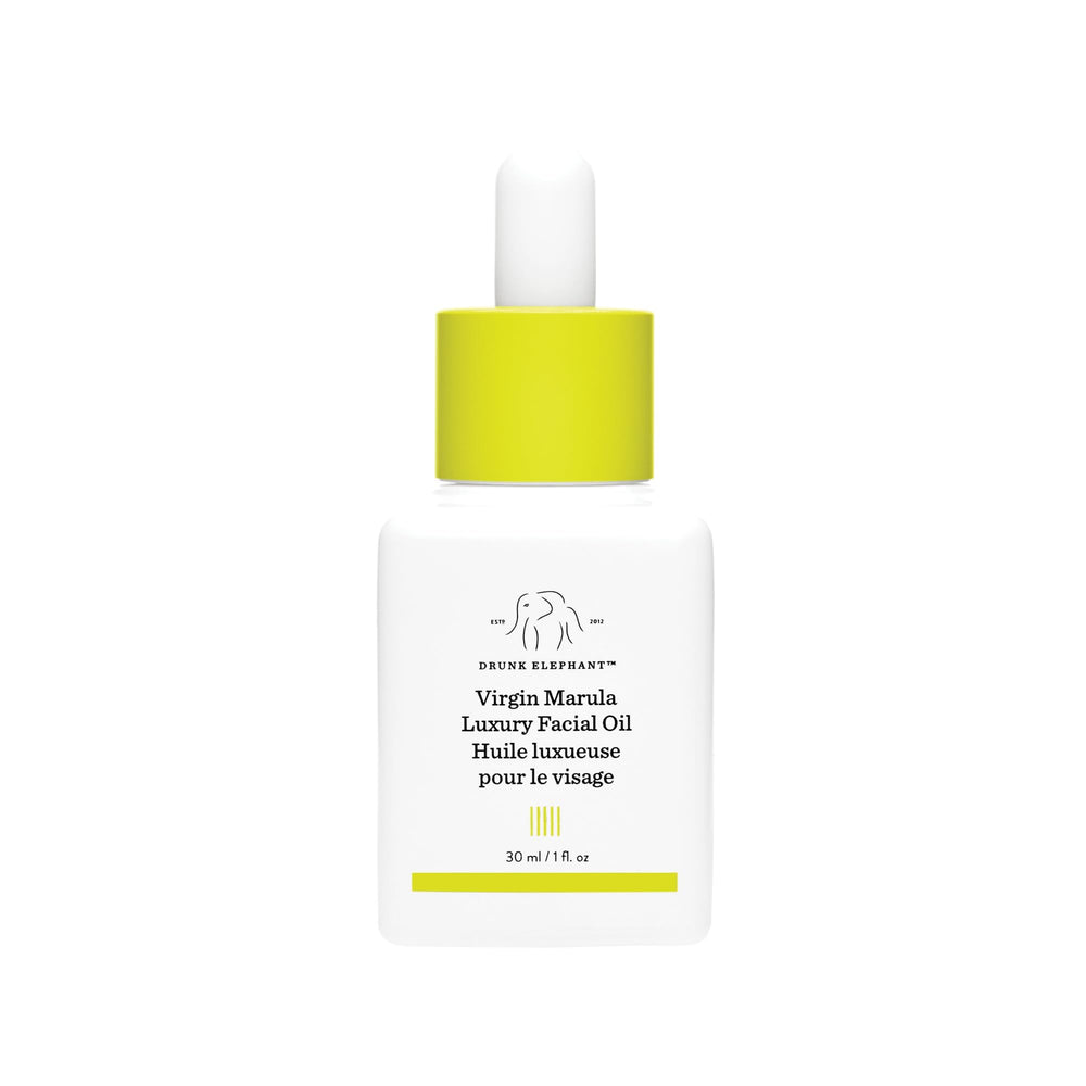 Drunk Elephant Virgin Marula Oil bottle with dropper demonstrates quick-absorb hydration.