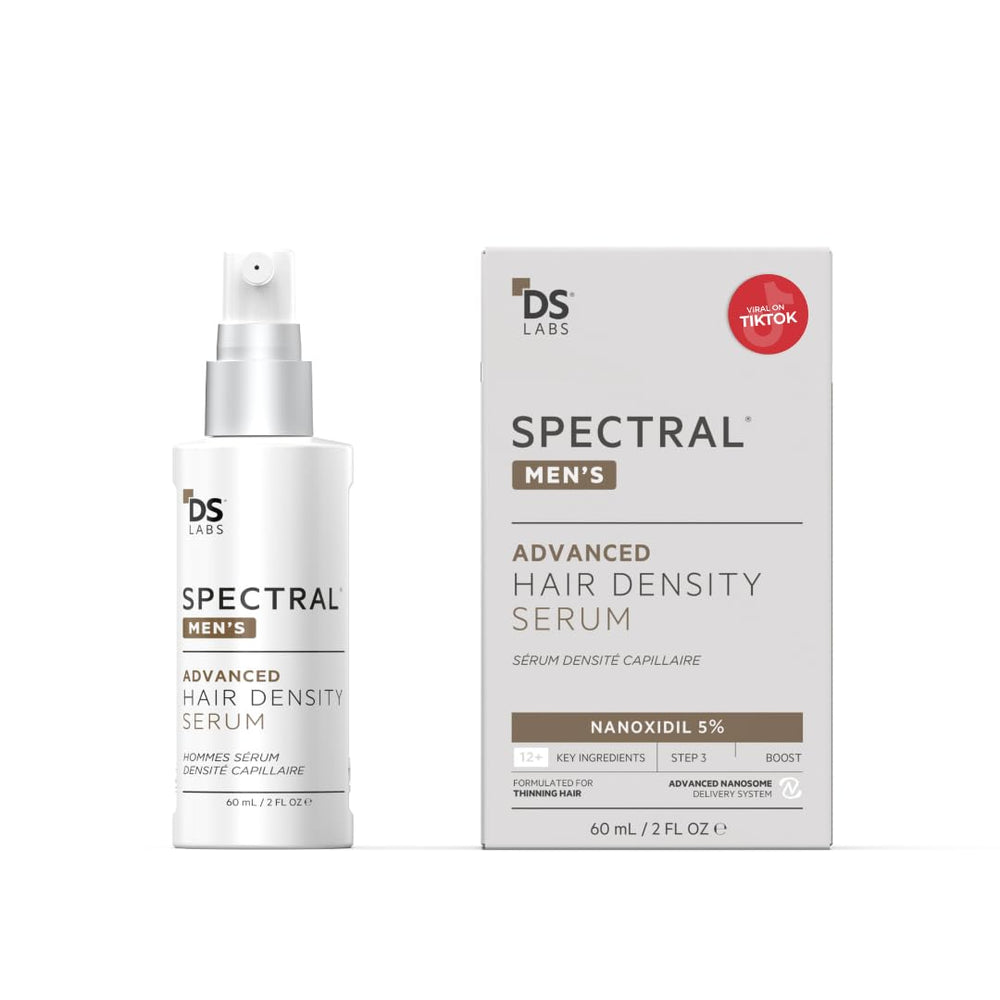 DS Laboratories Spectral Men's Density Serum bottle highlights lightweight leave-in formula for fuller-looking hair.
