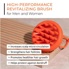 DS Laboratories Revitalizing Scalp Brush in hand demonstrates ergonomic grip for easier shower use.