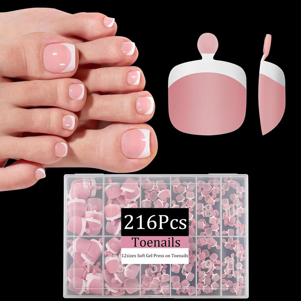 Dsixnails pink toe nail tips kit front view showing 216-piece set for quick DIY pedicures