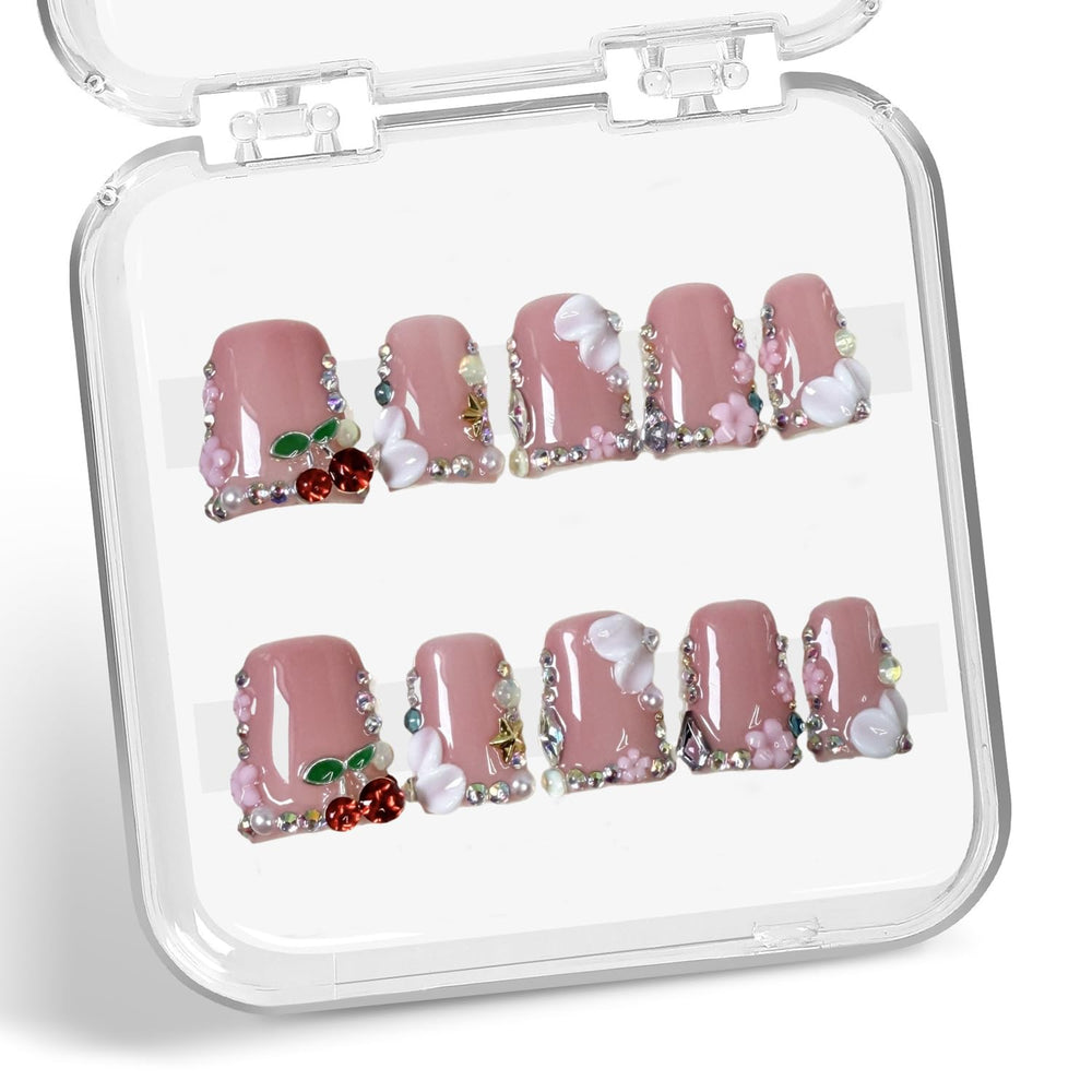Duck Press on Nails with 3D cherry design for elegant at-home manicure.