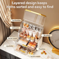 Ducoak makeup organizer dust shield cover protects brushes and bottles from dust.