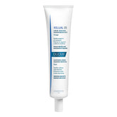 Ducray Kelual DS soothing cream tube close-up, highlighting lightweight texture for irritated skin relief.