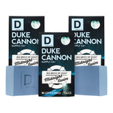 Duke Cannon Big Brick Midnight Swim bar close-up shows rich lather and lasting freshness.