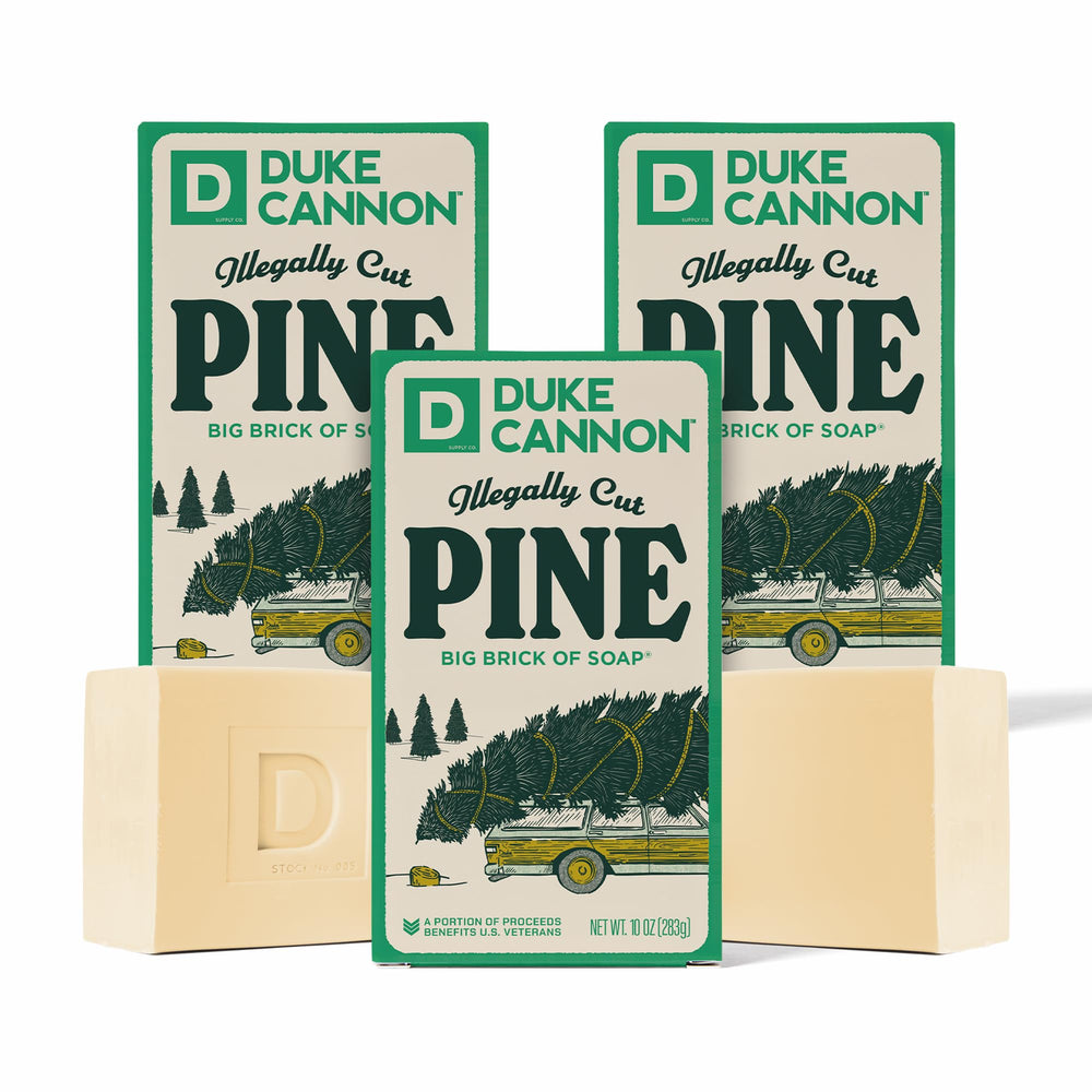 Duke Cannon big brick soap pine pack cover shows rugged holiday gift packaging
