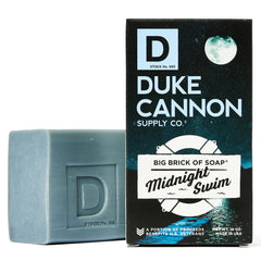 Duke Cannon Midnight Swim soap wrap on outdoorsy packaging.