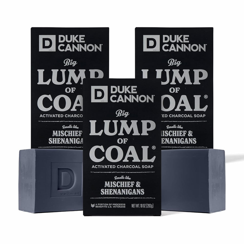 Duke Cannon Big Lump of Coal soap bar holiday edition packaging, festive gift-ready.